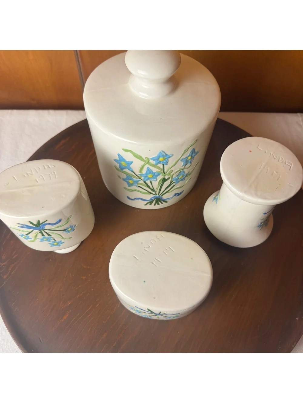 Vintage 1979 Ceramic Bathroom Set Blue Floral Handmade 4 Piece Vanity Décor